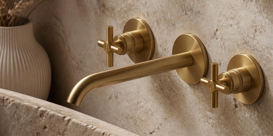 Brushed brass tapware mounted on warm stone