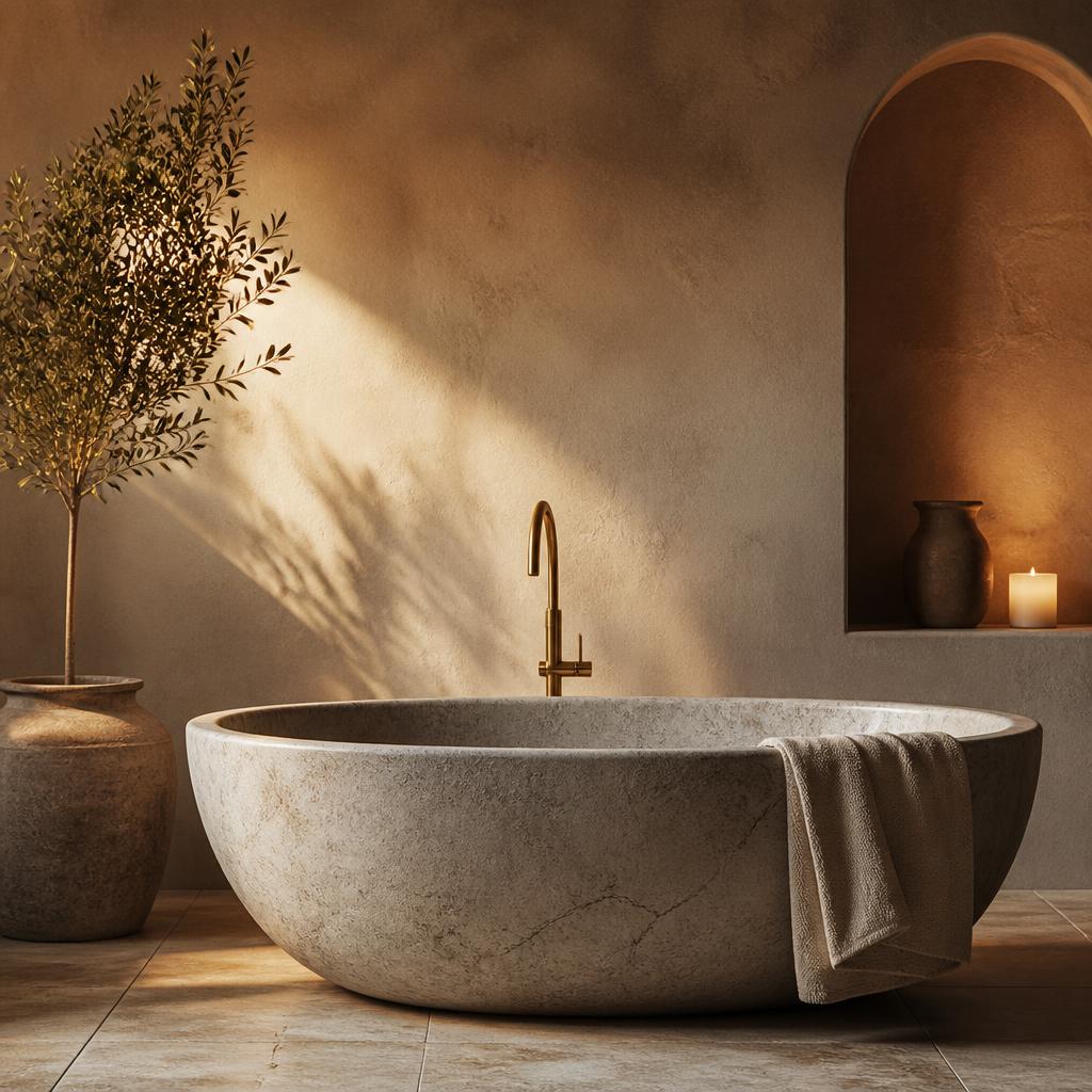 Freestanding stone bath against a warm plaster wall