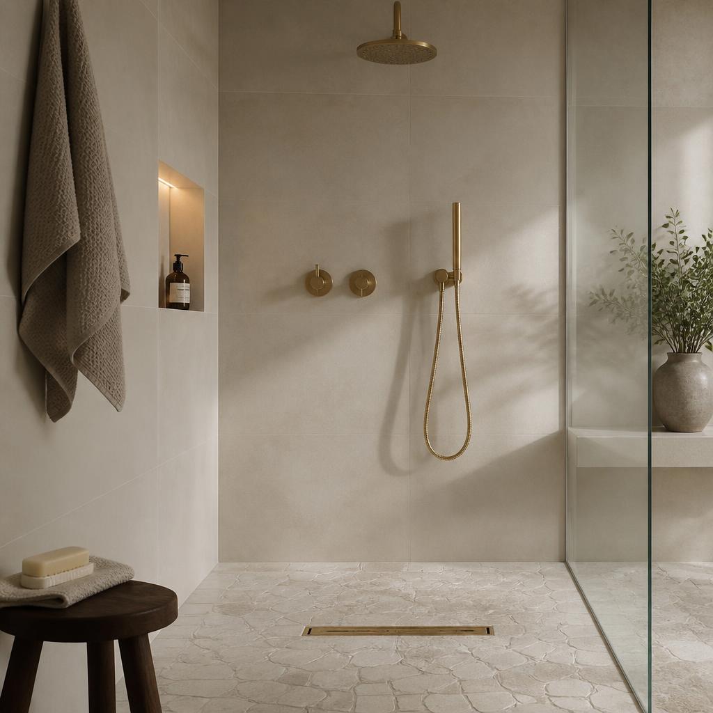 Walk-in wet room with brushed brass drain and stone floor