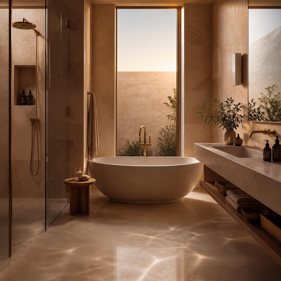Luxury spa bathroom in warm dusk light with honed stone tiles and brushed brass fixtures
